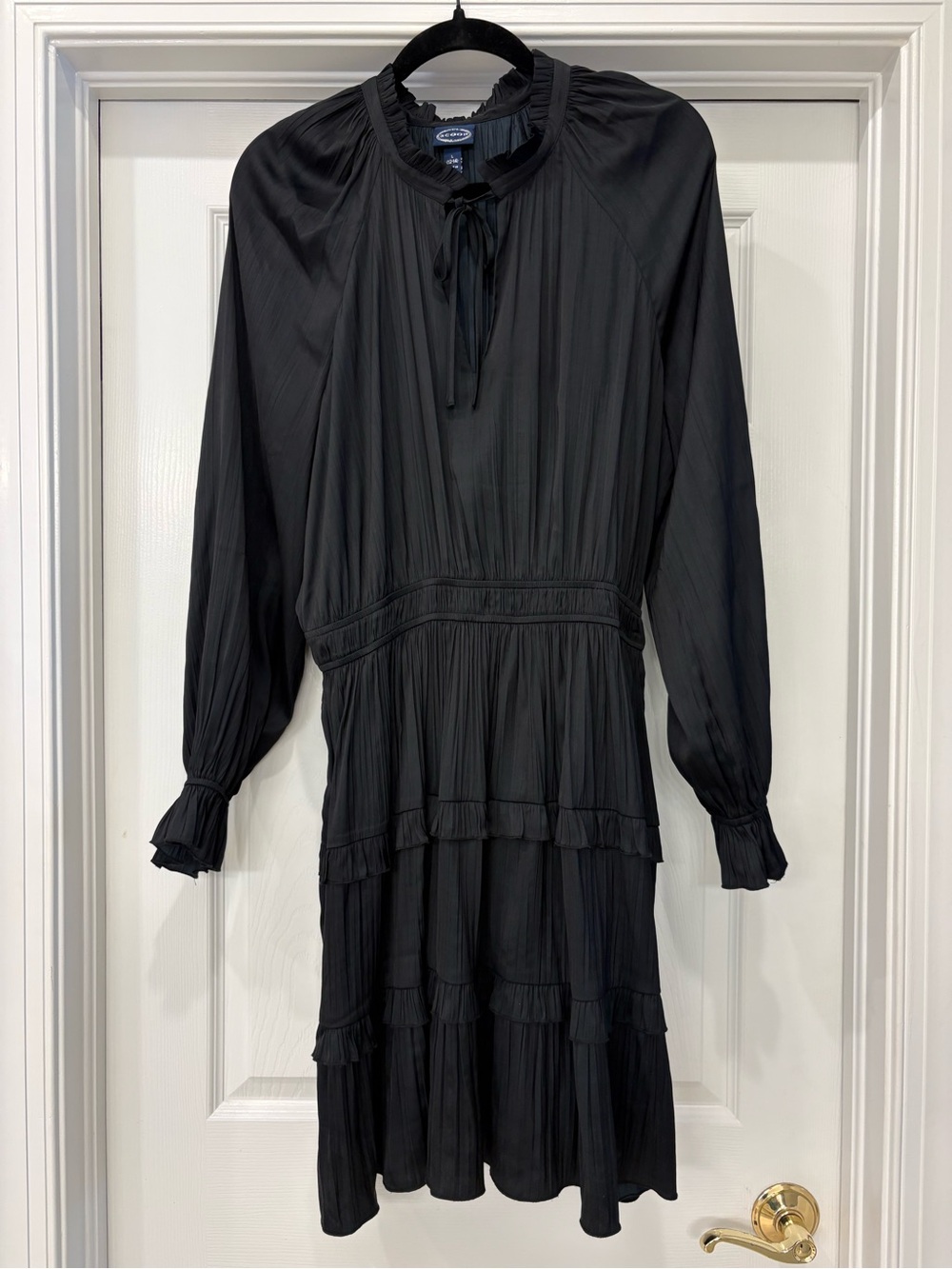 Black Tiered Long-Sleeve Mini Dress with Tie Neck